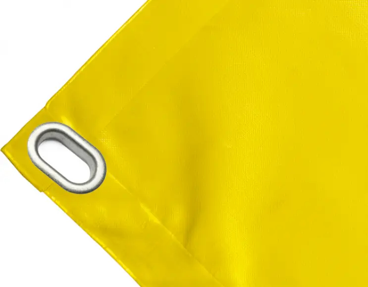 Abdeckplane Mulden aus hochfestem PVC 650g/m². wasserdicht. Farbe gelb. Ösen oval 40x20 mm