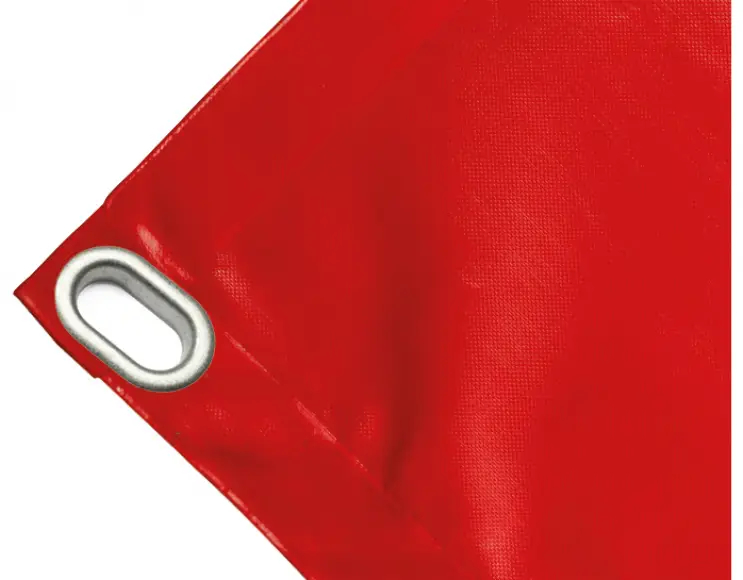 Abdeckplane Mulden aus hochfestem PVC 650g/m². wasserdicht. Farbe rot. Öse 40x20 mm