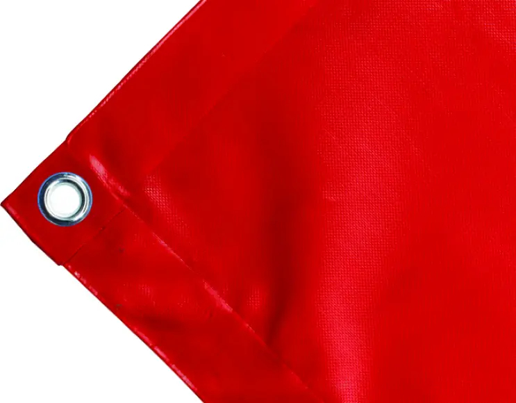 Abdeckplane Mulden aus hochfestem PVC 650g/m². wasserdicht. Farbe rot. Ösen rund 23mm